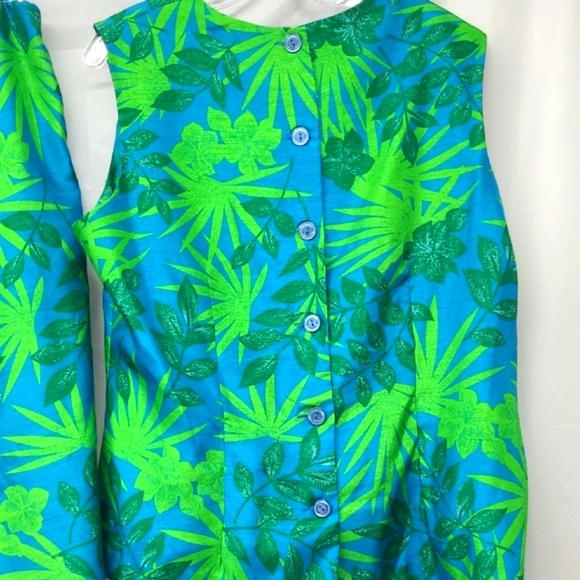 2 Piece Matching Set Capri Tank Top Tropical Palm Print Royal Blue Green Resort - Picture 15 of 16